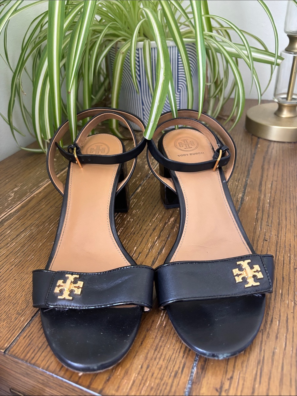 Tory Burch Black Leather Gold-Logo Block Heel Sandals